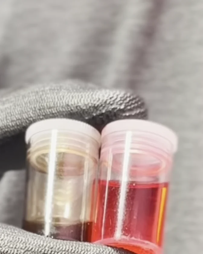 Duas amostras de fluido de câmbio lado a lado: a usada, escura, e a nova, vermelha